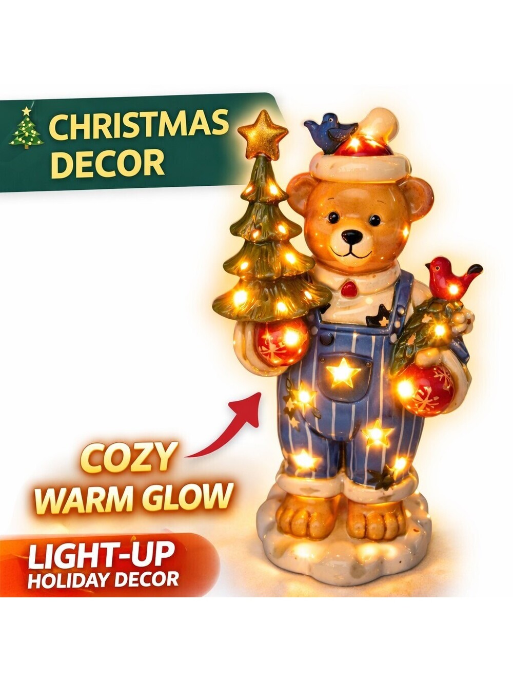 Vintage Christmas Teddy Bear Light Up Ceramic Decoration Tree Bird Holiday Lamp
